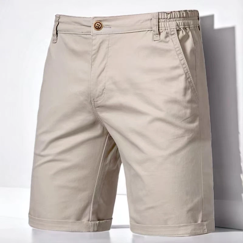 Summer men's pure cotton elastic waist five quarter shorts, high-quality casual solid color versatile business and social men's