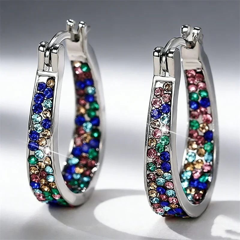 Luxus eingelegte farbige Zirkon Creolen für Frauen exquisite Mode Silber Farbe Party Verlobung Hochzeit Ohrringe