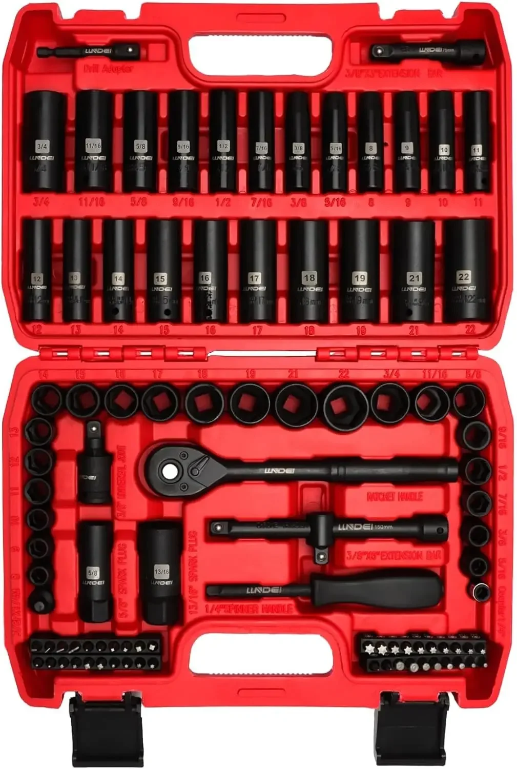 3/8”Drive Impact Socket Set,Standard SAE(5/16 to 3/4-Inch) Metric Size(8-22mm), 95 Piece, CR-V Steel Deep&Shallow Kit