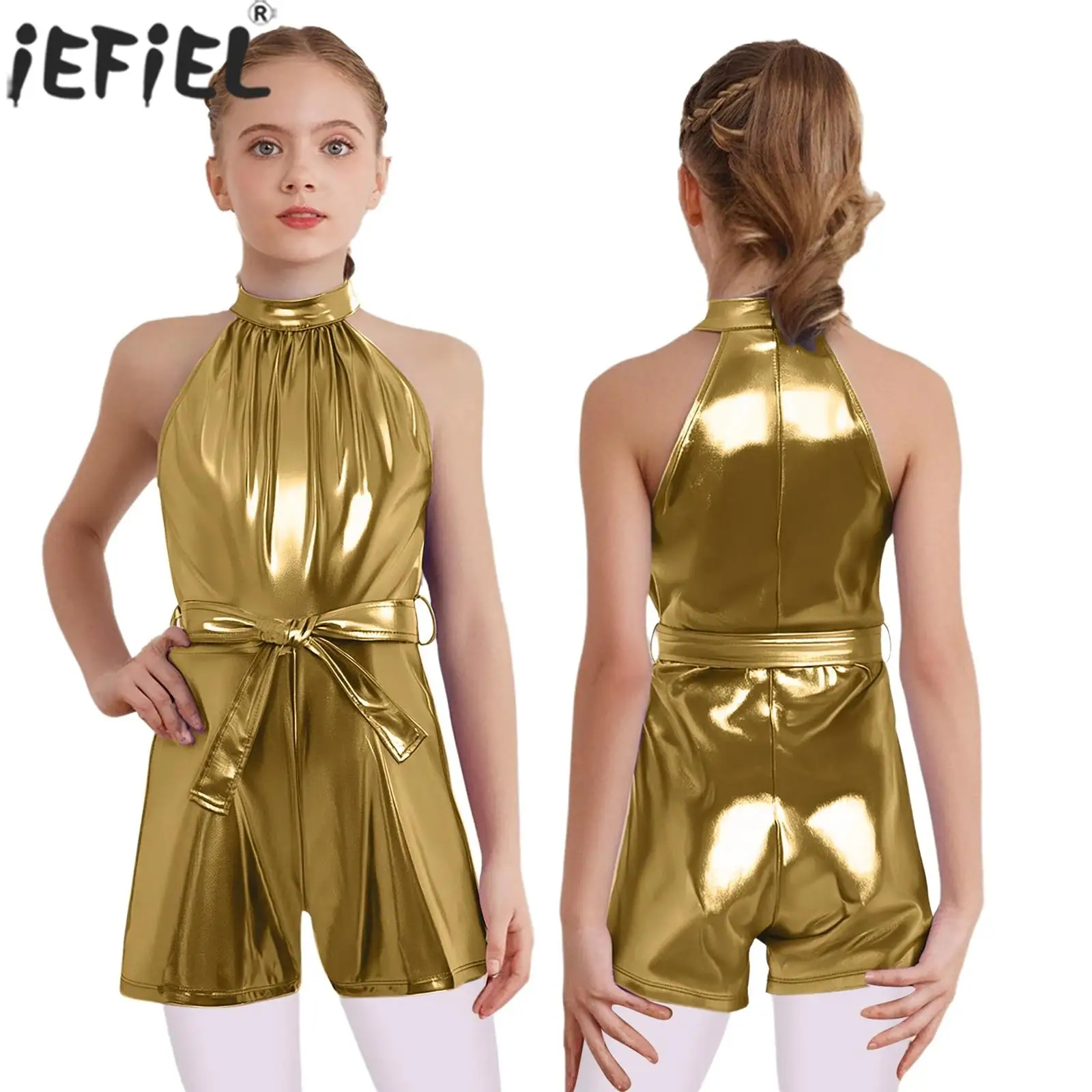 6-16Y الفتيات أكمام معدنية لامعة سستة الجاز الرقص ارتداءها مع حزام Dancewear حفلة عيد ميلاد كرنفال عرض المدرسة زي