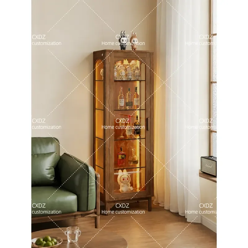 Jianjiang Solid Wood Wine Cabinet Japanese Style Glass Display Bookcase Black Walnut Narrow Side Cabinet for Living Room
