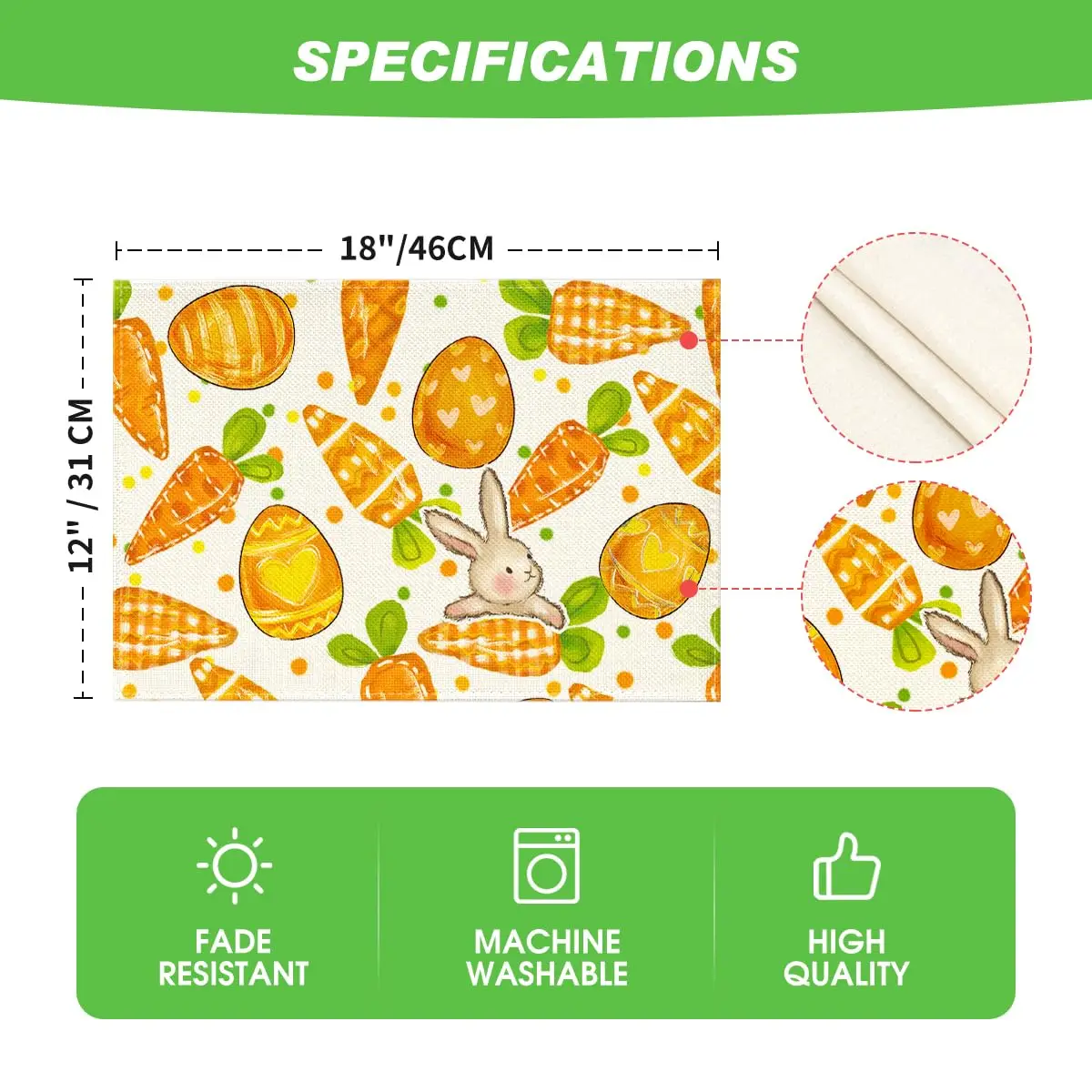 Dots Bunny Carrots Eggs Easter Placemats Set of 4, 12x18 Inch Spring Table Mats for Outdoor Home Party Kitchen Dining Decor