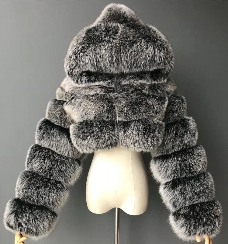 New High Quality Furry Cropped Faux Fur Coats and Jackets Women Fluffy Top Jacket with Hooded Winter Zipper Fur Coats for Women