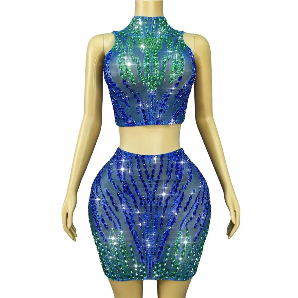 

Twinkling Rhinestones Tank Top Skirt Sexy Mesh Split Dress set Party Celebrate Show Fashion Outfit Dance Stage Performance Wear