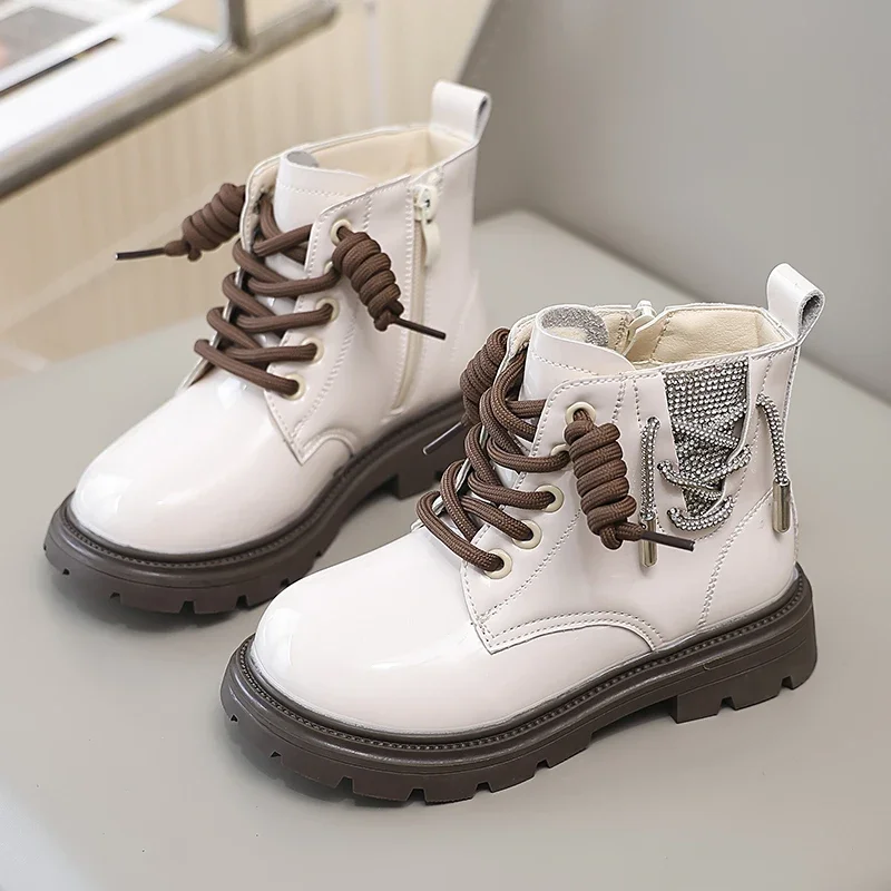 Fashion Trend Girls' Boots Thick Bottom Glossy Children's Cotton Boots Round-toe Black Beige Versatile Kids Causal Ankle Boots