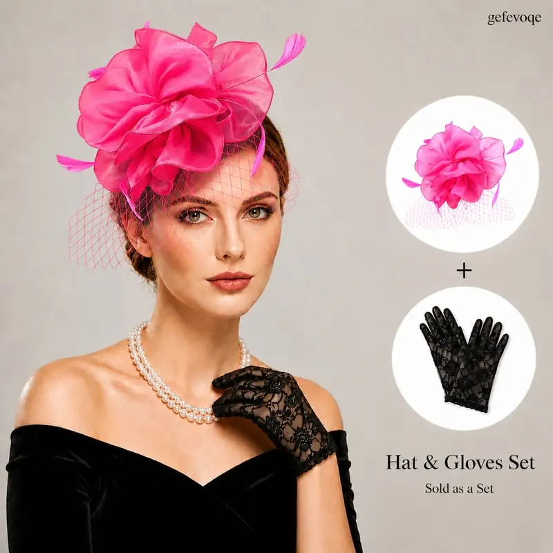 

2PCS Fascinator Hat and Lace Gloves Set Elegant Feather Flower Veil Headwear for Tea Party Wedding Derby Cocktail Party