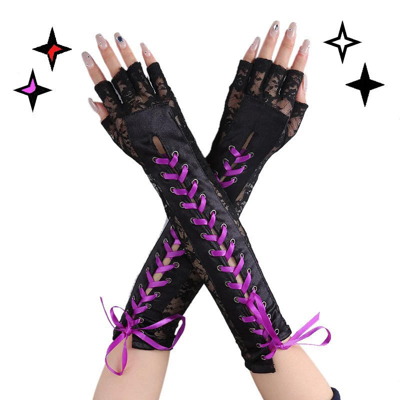 

Hot Peculiar Shoelace Sexy Lace Long Strap Glove Seduction Etiquette Prom Nightclub Cos Studded Half Finger Dazzling Mitten Nv4