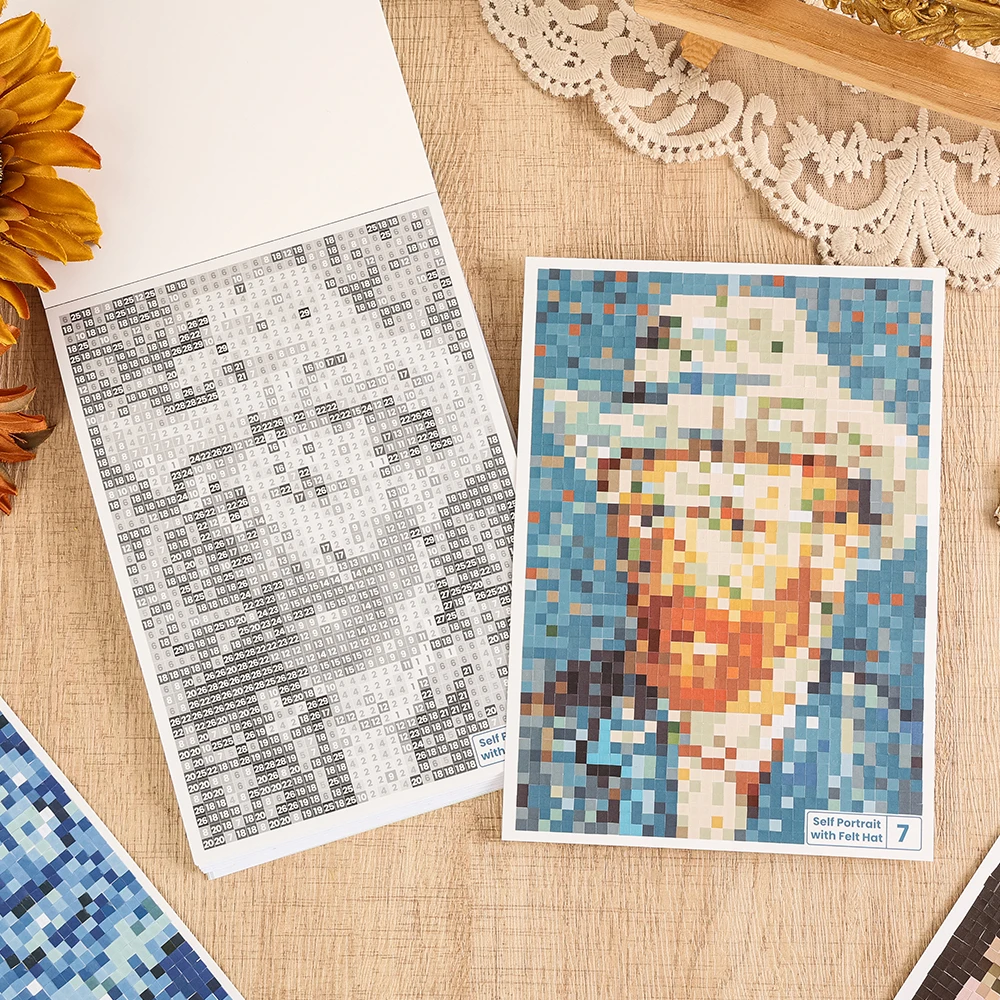 Libro de Pegatinas de Arte Pixelado con Pintura al Óleo Retro, 10 Patrones + 20 Hojas, Actividad de Mosaico de Bloques de Color para Regalo Creativo, Aficionados al Arte