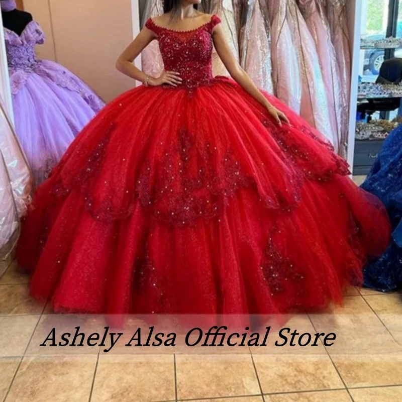 Aschely alsa neue rote Quince anera Kleider mit Schleife Spitze Applikationen Perlen Ballkleid vestido15 süße 16 Prom Party Kleider de 15 años