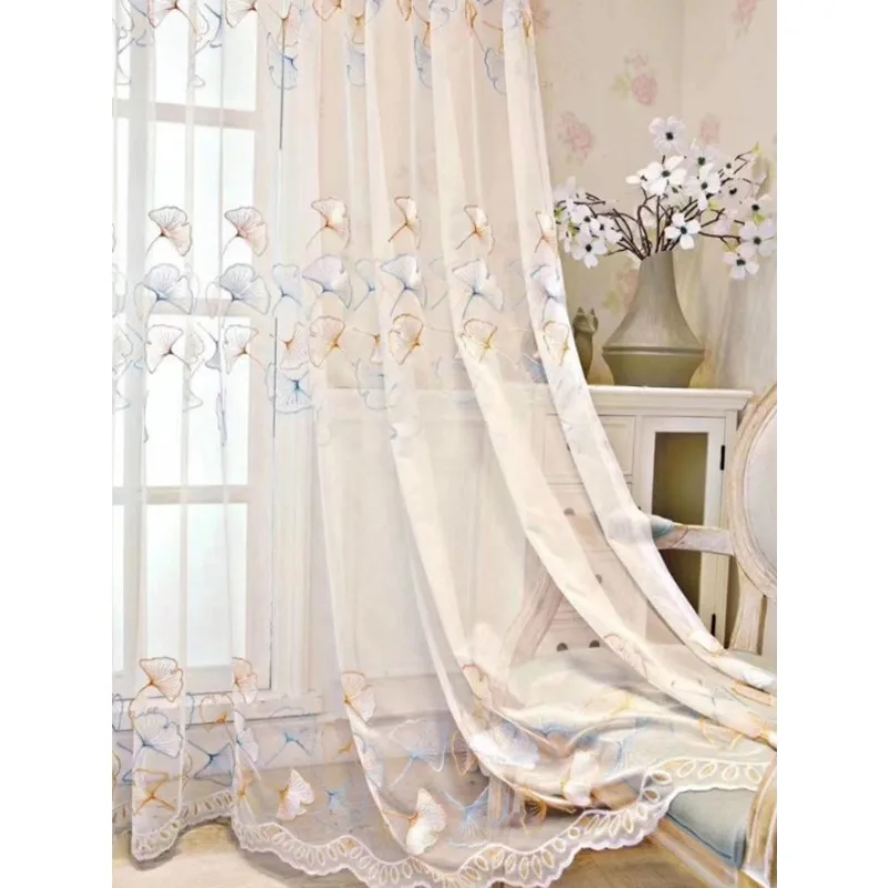 Light Luxury American Translucent Mesh New Ginkgo Embroidered Curtains Living Room Bedroom Balcony Curtains