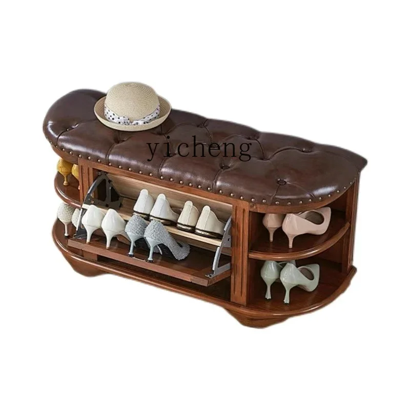 

ZF Solid Wood Shoe Changing Stool Sitting Shoe Cabinet Storage Integrated Leather Home Shoe Rack