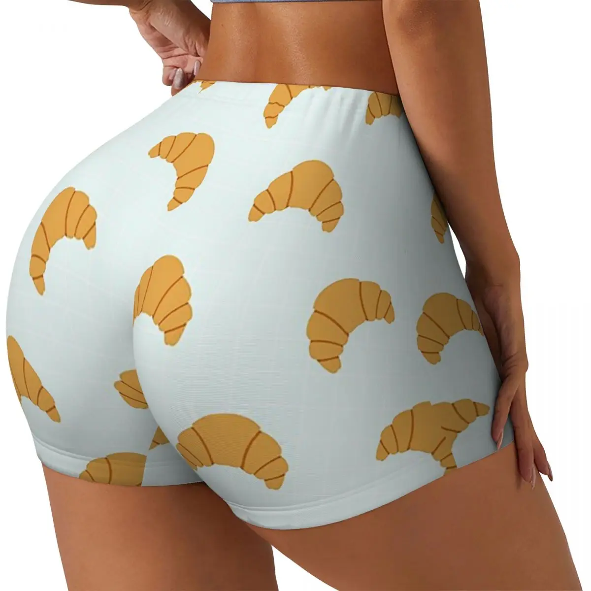 

Пользовательские милые круассаны с принтом на синем фоне, женские шорты для бега в тренажерном зале, спортивные шорты для волейбола, байкера, йоги