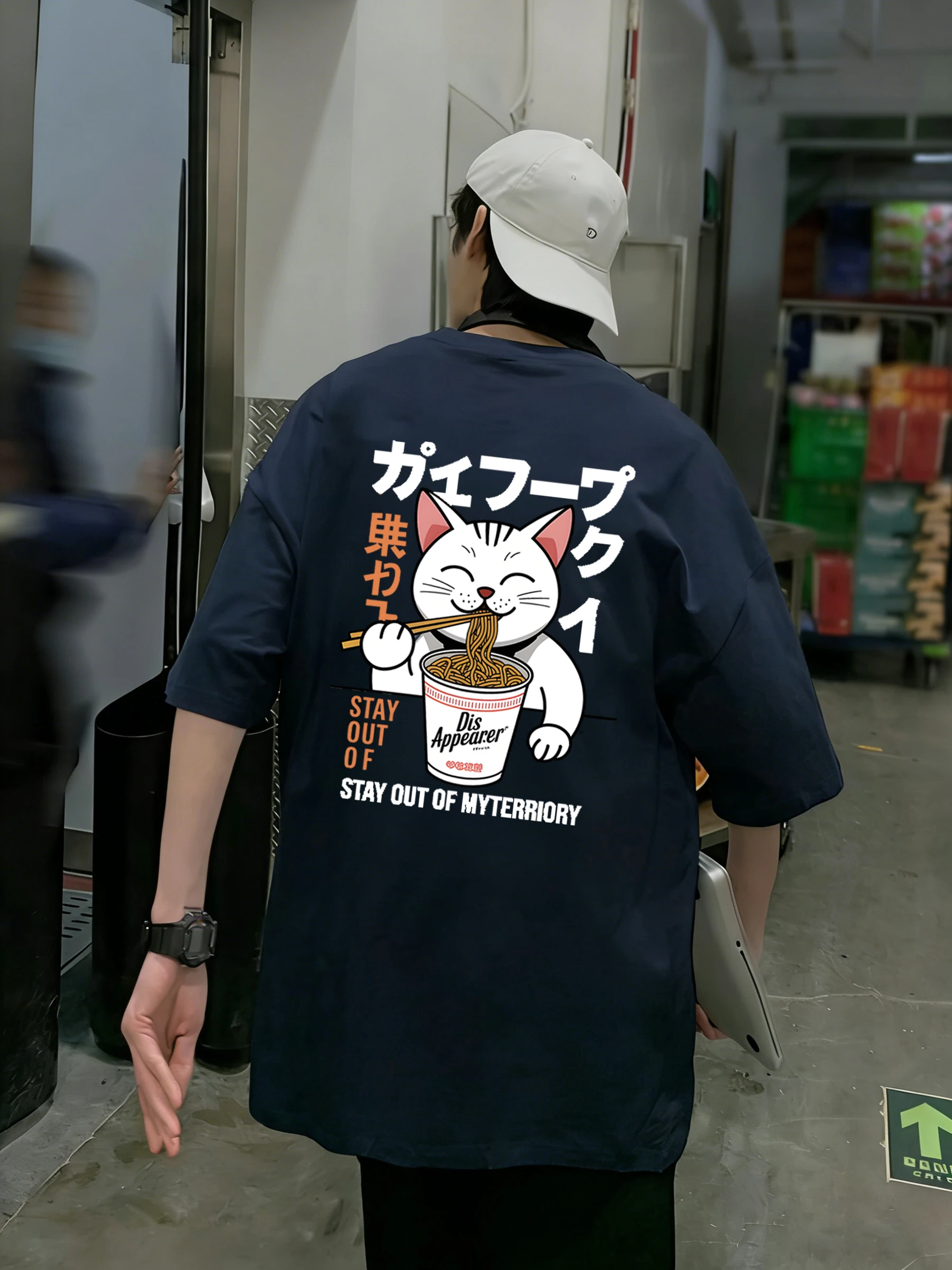 Cat Who Likes To Eat Cup Noodles Print T-Shirt Men Cotton Casual T Shirts Trendy Loose Sportswear Unisex O-Neck Summer Clothing