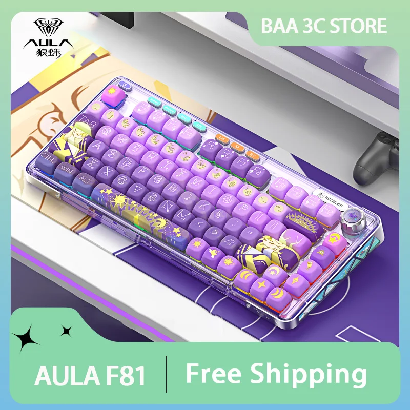 

AULA F81 Mechanical Keyboard Three Mode Customized RGB Backlight Hotswap Gasket Transparent Keyb Cap Office Game Accessories