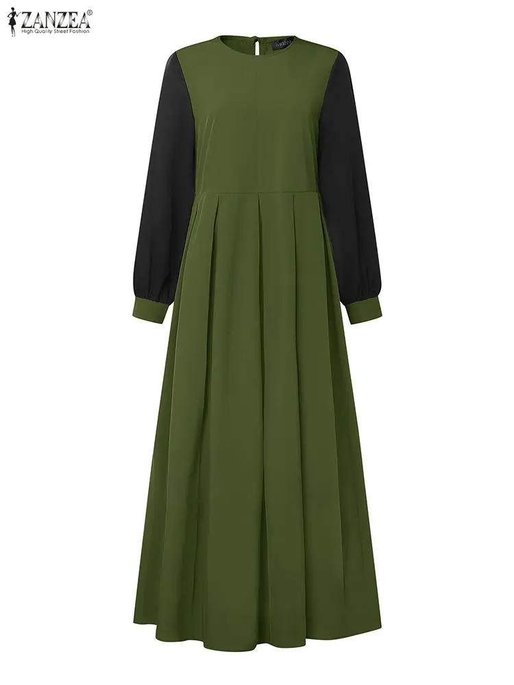 ZANZEA رمضان عباية إسلامية فستان دبي فساتين الحجاب للنساء للخريف بأكمام طويلة مرقعة فستان صيفي مطوي رداء IsIamic