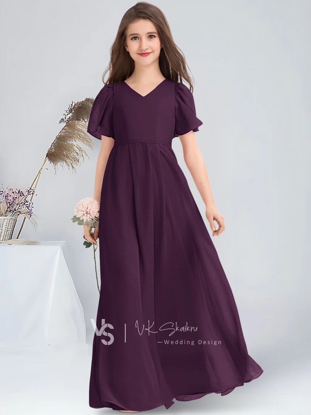 A-Linie, V-Ausschnitt, bodenlang, Chiffon, Junior-Brautjungfernkleid, schickes, staubiges Rosen-Blumenmädchenkleid für Hochzeit, Party, Kleider für Teenager