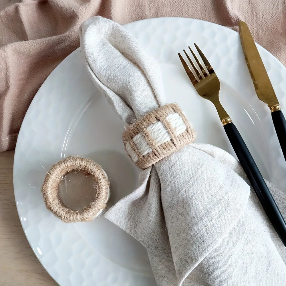 6 Piece Natural Linen Cylinder Napkin Ring Rustic Style Woven Dinning Towel Ring White Striped Napkin Holder Hotel