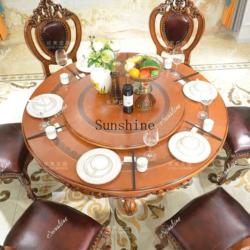 European size apartment simple round dining table and chair combination solid wood carving flower FT
