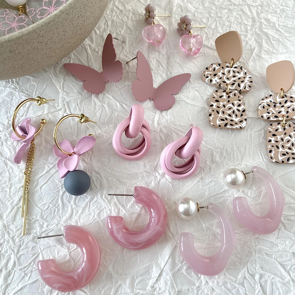 Lifefontier Sweet Pink Acrylic Flower Pattern Drop Earrings For Women Geometric Resin Butterfly Wedding Dangle Earring Jewelry