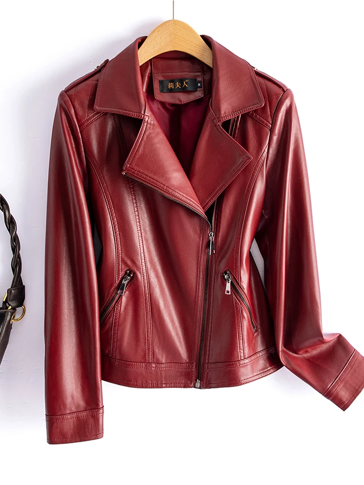 Giacca in Vera Pelle Haining da Donna, Nuova Collezione Primavera Autunno, Imbottita in Cotone, Nera, Stile Motociclista, Vestibilità Slim