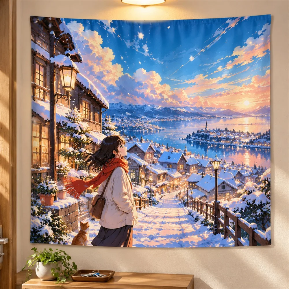 VIKAMA Snowy Town Night Anime Tapestry Wall Hanging, Aesthetic Winter Anime Room Decor Tapestries for Bedroom Living Room Study
