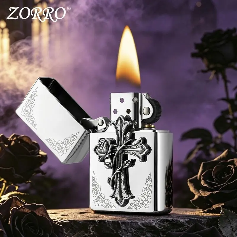 Zorro Bright Chrome Rose Cross  Windproof Kerosenes Lighter Gothic Sticker Value Gift for Friends Smoking Accessories