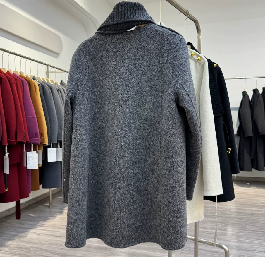 2026 Autumn Winter New Double Faced Wool Coat Women Cape Style With Knit Scarf Belted Slim Elegant Woolen Outerwear