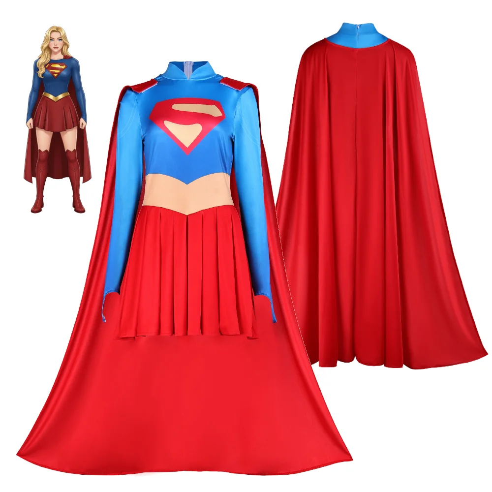 

Super Girl Cosplay Costume Female Superhero Kara Zor-El Outfit with Long Cloak Cape Halloween Party Suit