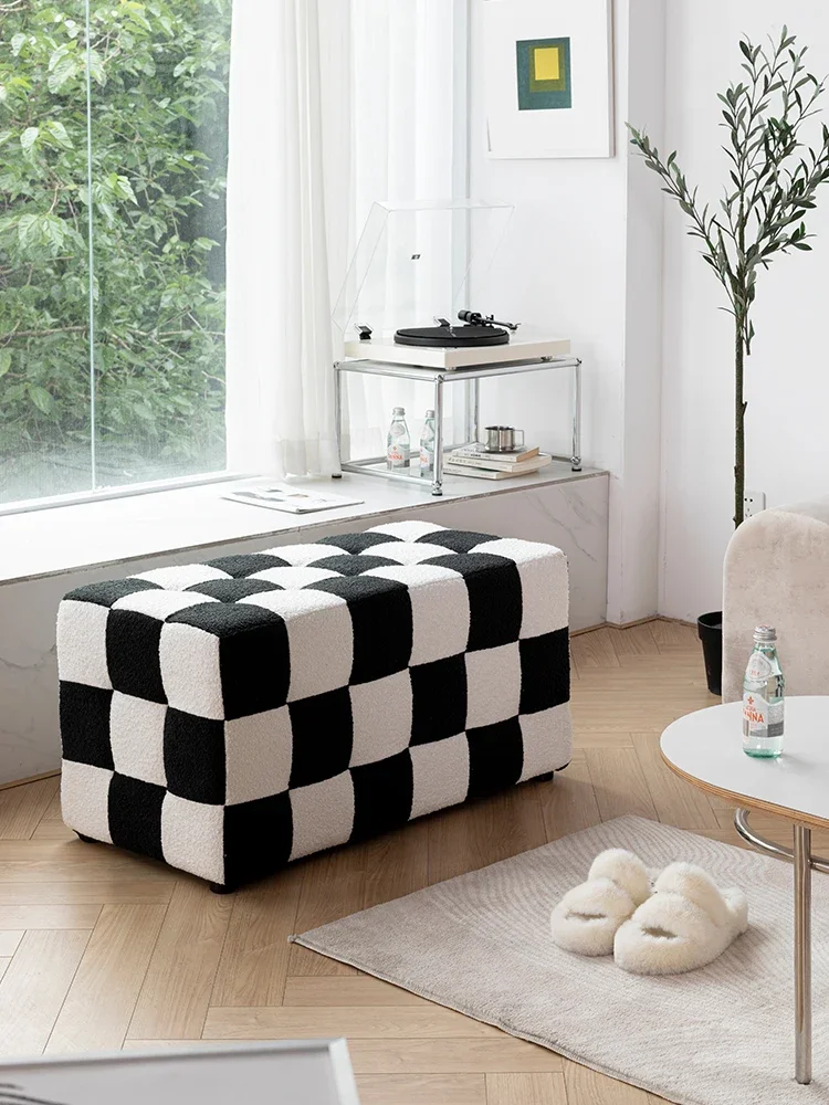 Checkerboard stool, shoe changing stool, home doorway sofa stool, black and white checkered makeup