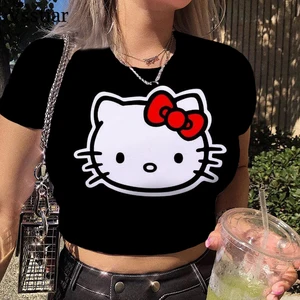Hello Kitty ngắn tay Camiseta dành cho phụ nữ, Top cơ bản với cổ áo tròn, phong cách mềm mại và giản dị, thời trang Hàn Quốc 10 Người phụ nữ áo sơ mi màu tím chính - №1
