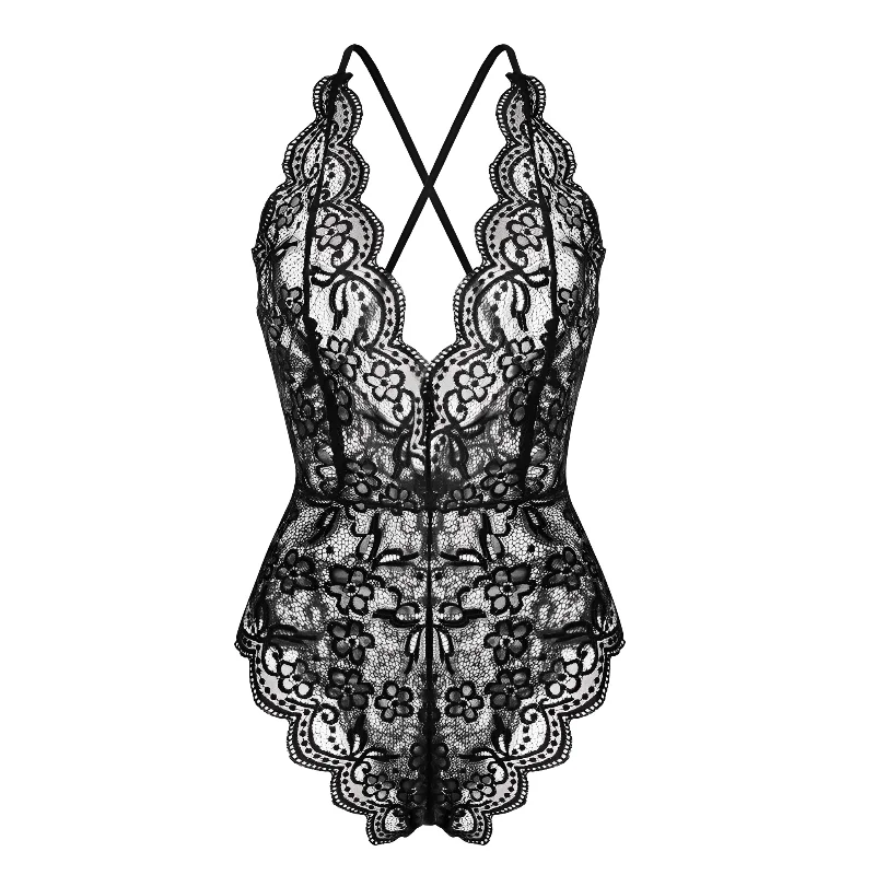 女性のセクシーな下着セットレース網タイツボディスーツランジェリー花柄視点スリープウェア透明ワンピースブラセットディープ V