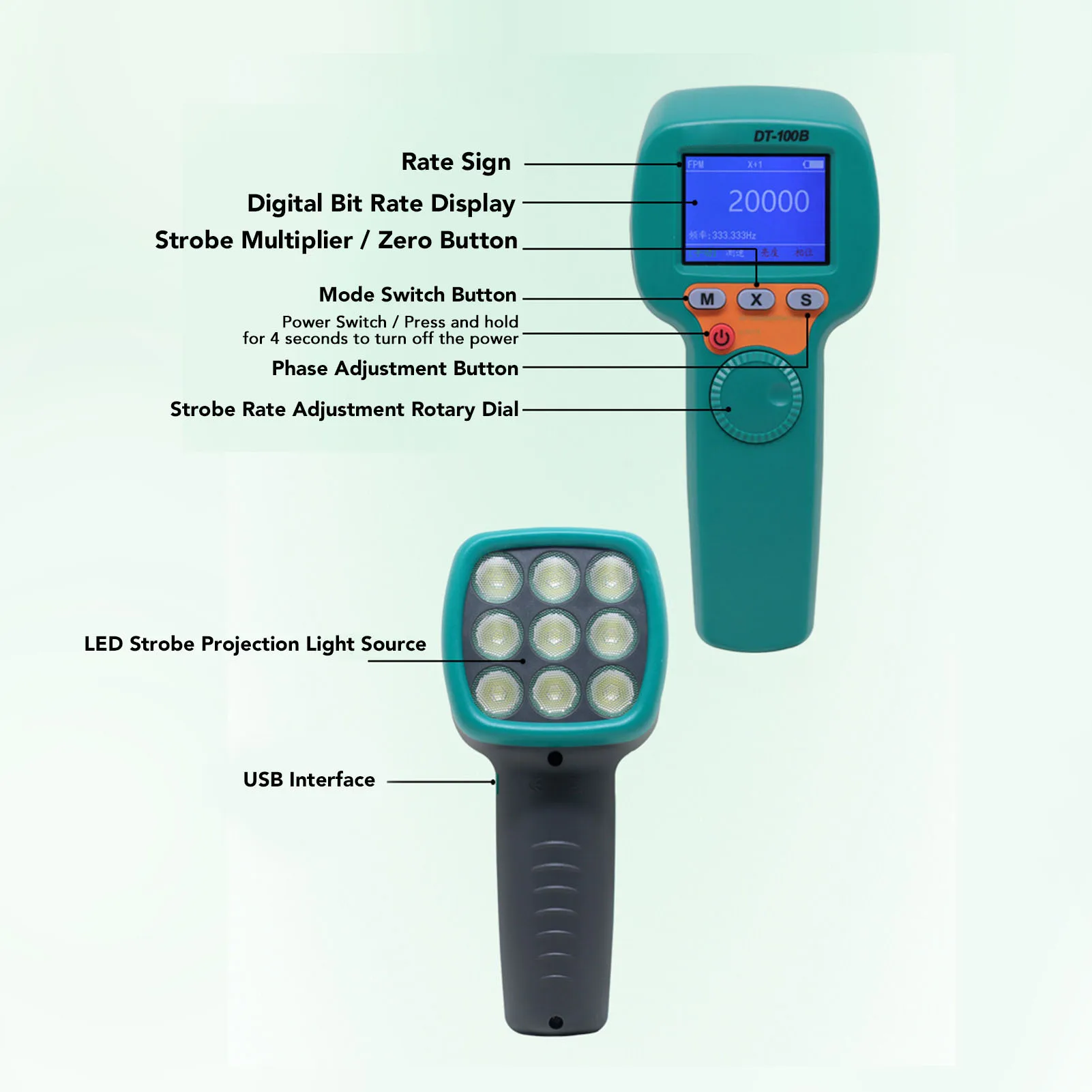 Estroboscópio digital ABS 7,4V de alta precisão 1500 LX LED luz sem contato tacômetro estroboscópico display LCD para máquinas