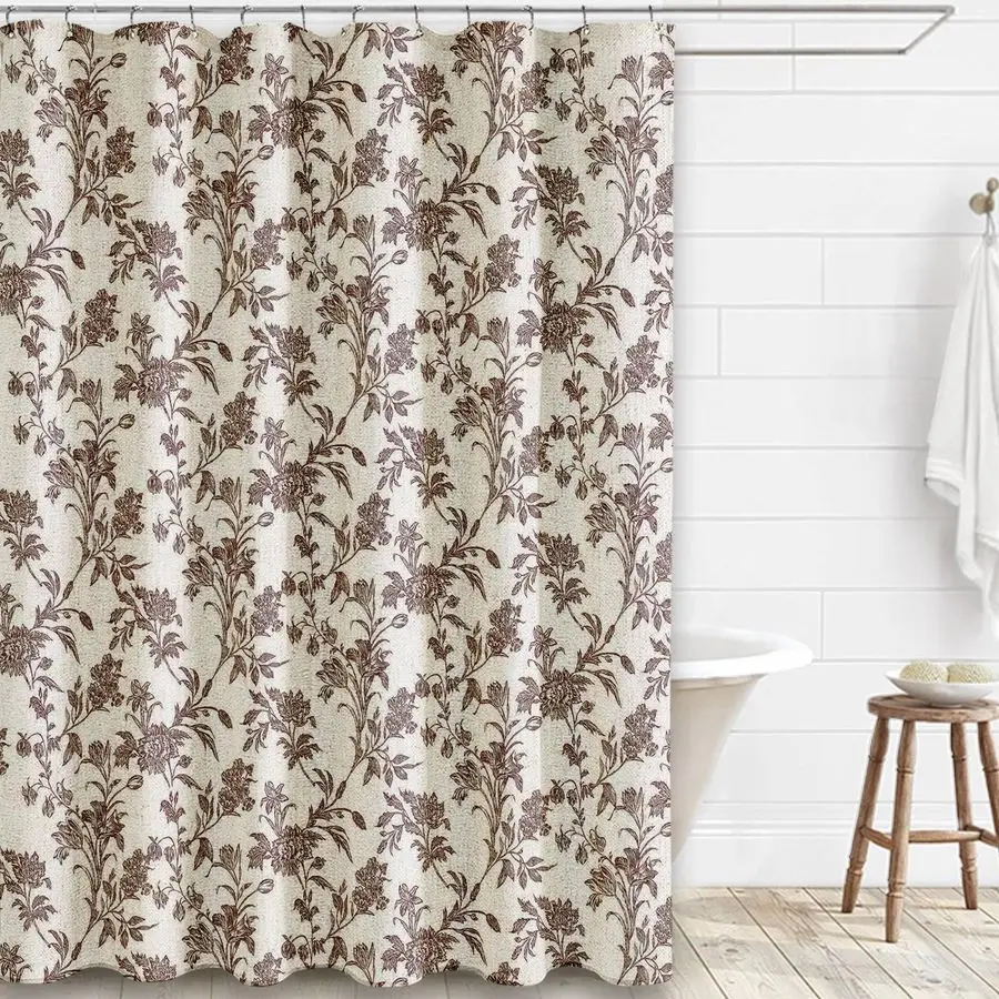 

Extra Long Brown Shower Curtain Floral Cotton Linen Cottagecore Shower Curtain for Bathroom 90 L x 72 W