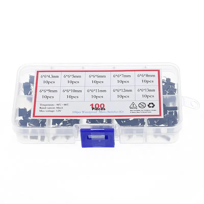 100pcs/Box 10value 6x6 Waterproof Tact Switch TV Induction Button Copper Foot Dustproof Micro Switch Assorted Kit
