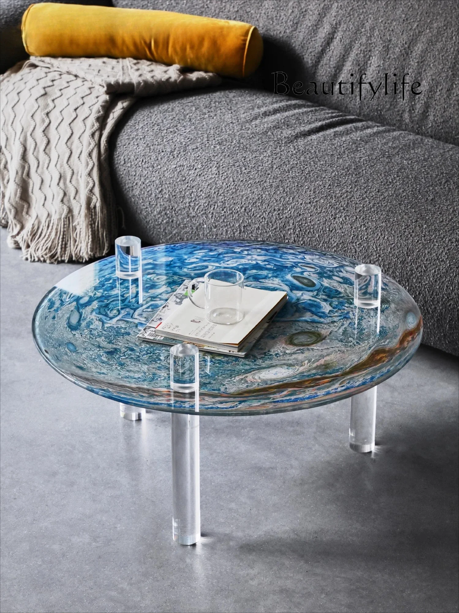 

yj32 FTavolino da caffè moderno avanzato Jupiter, tavolino da caffè rotondo in acrilico minimalista di design di nicchia