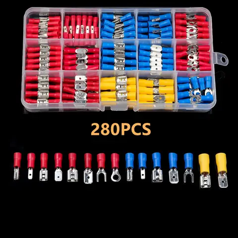 280PCS Connettore cavo isolato Cavo elettrico Crimp Spade Anello di testa Set forcella Capicorda ad anello Terminali arrotolati Kit assortito