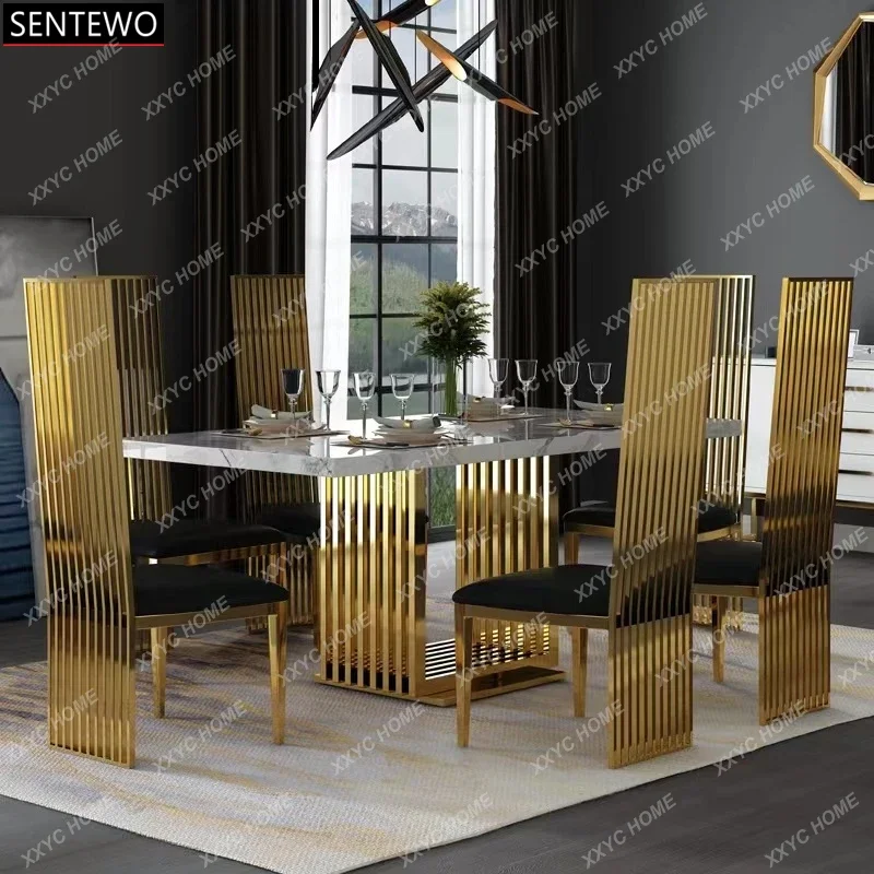 Modern Luxury Marble Dining Table Set and Chairs Kitchen Furniture Stainless Steel Gold Base Dinner Dinning Room Tables Chair