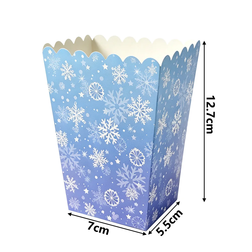 10-50pcs Snowflake Popcorn Boxes Paper Snack Box Candy Cookie Container Winter Frozen Theme Christmas Birthday Party Supplies
