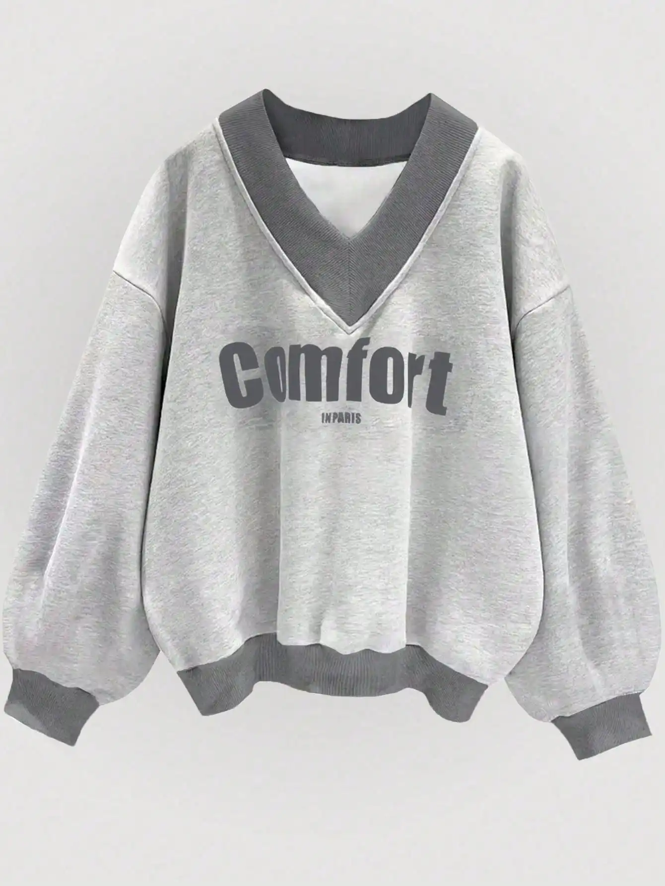 

Comfort Letter Print V-Neck Oversized Sweatshirt for Women, Casual Fall Winter Top with Contrast Trim