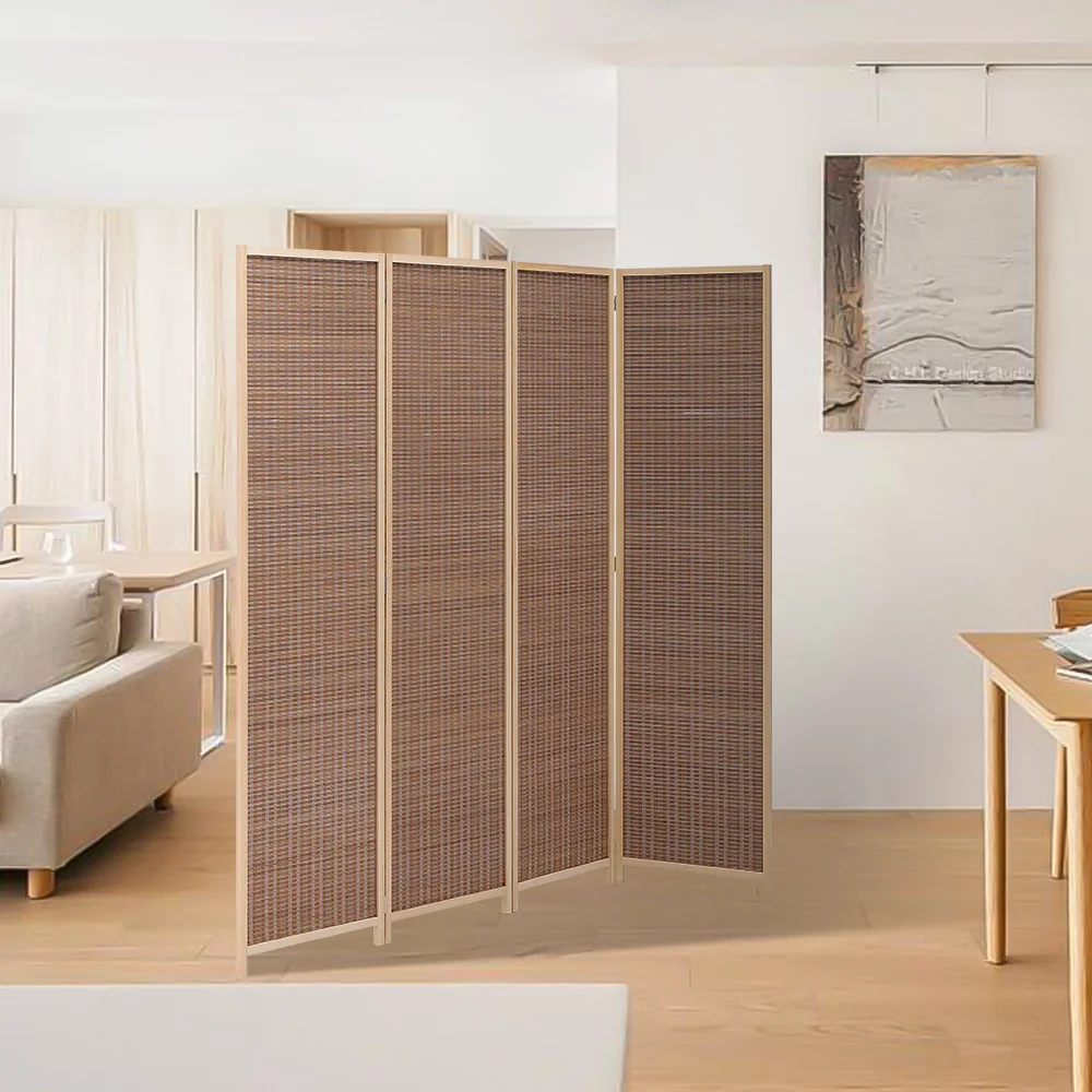 Brown Bamboo Woven 4 Panel Folding Room Divider Privacy Screen