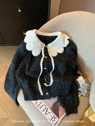 French Peter Pan Collar Luxury Cardigans Lace Up Slim Chic Women's New Knitwear 2023 Autumn Winter Streetwear Japanese Fashion