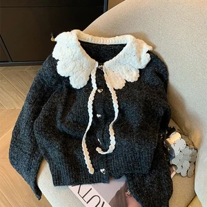 Francês peter pan colarinho cardigans de luxo rendas até fino chique feminino nova malhas 2023 outono inverno streetwear moda japonesa 10 principais vendas sueter gola peter pan - №3