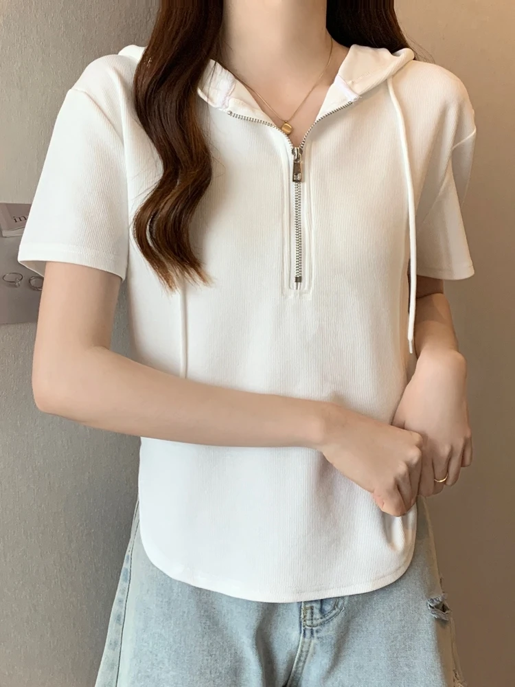 Slimming Short Sleeve Zipper Hoodie T-Shirt Women's Summer New Style plus Size Base Layer Top Korean Style Half Zipper Design