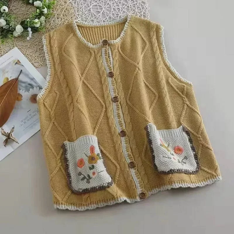 

Vintage Sweater Vest Women Clothes Loose Sleeveless Coat Embroidery Floral Waistcoat Ropa Mujer Contrast Color Korean Tanks Tops