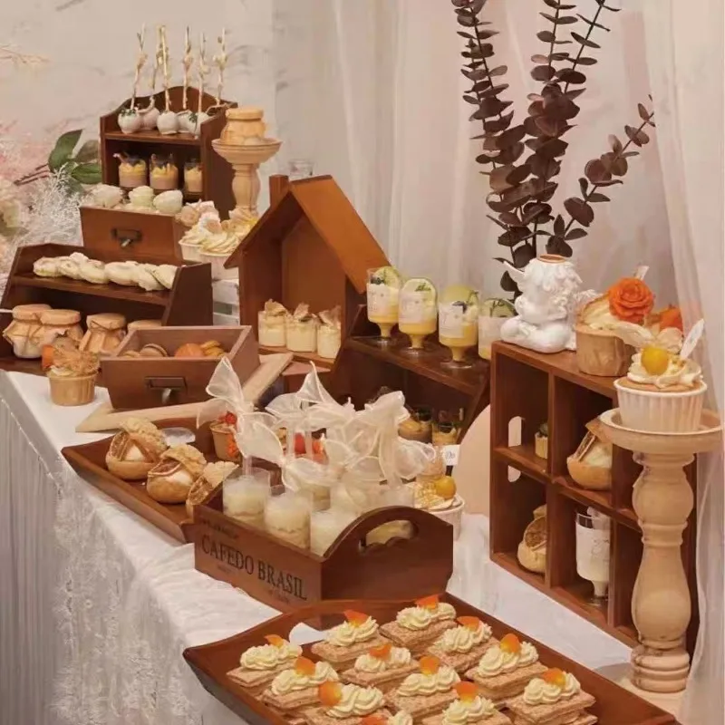 Nine-piece wooden wedding table, coffee break table, cold food table, dessert table ornament