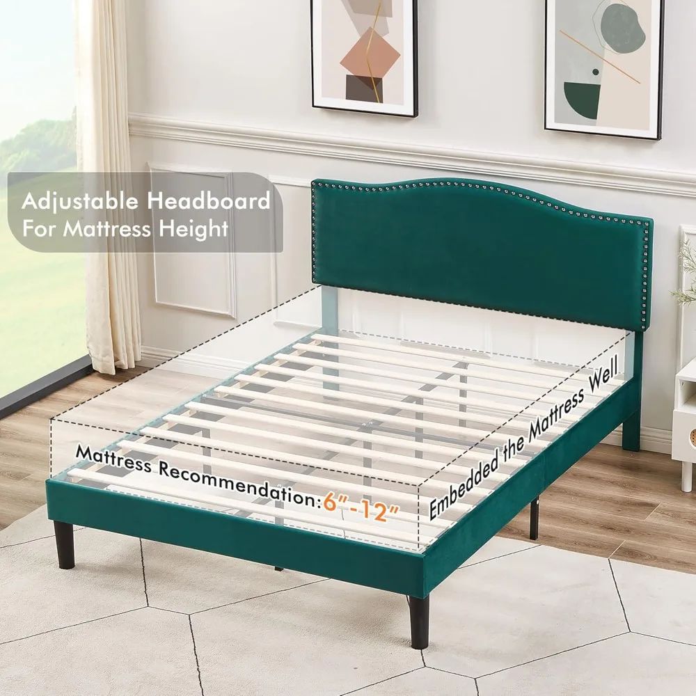 إطار سرير بمنصة مرتفعة قابلة للتعديل مع لوح رأسي منجد وبناء معدني عالي التحمل ودعم شرائح خشبية