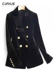 CJFHJE Spring New Velvet Black Cotton Women's Suit French Style Elegant Lady Fashion Double Row Metal Button Warm Blazers Jacket