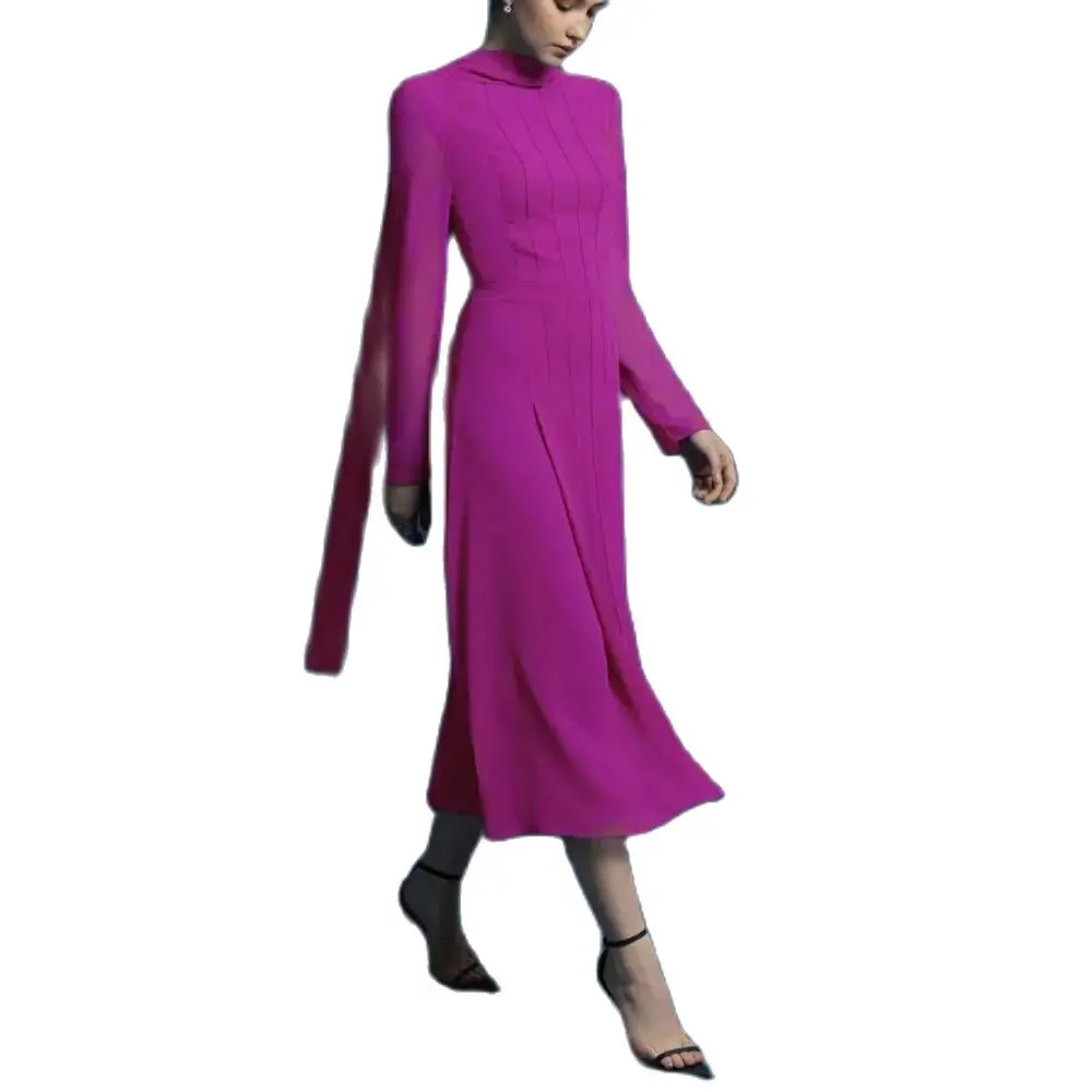 YUNLAN Elegant Pink Women's Chiffon Pleated Skirt Evening Dress for Mom 2024 Saudi Wedding Guest Long Sleeve Midi Party Dress