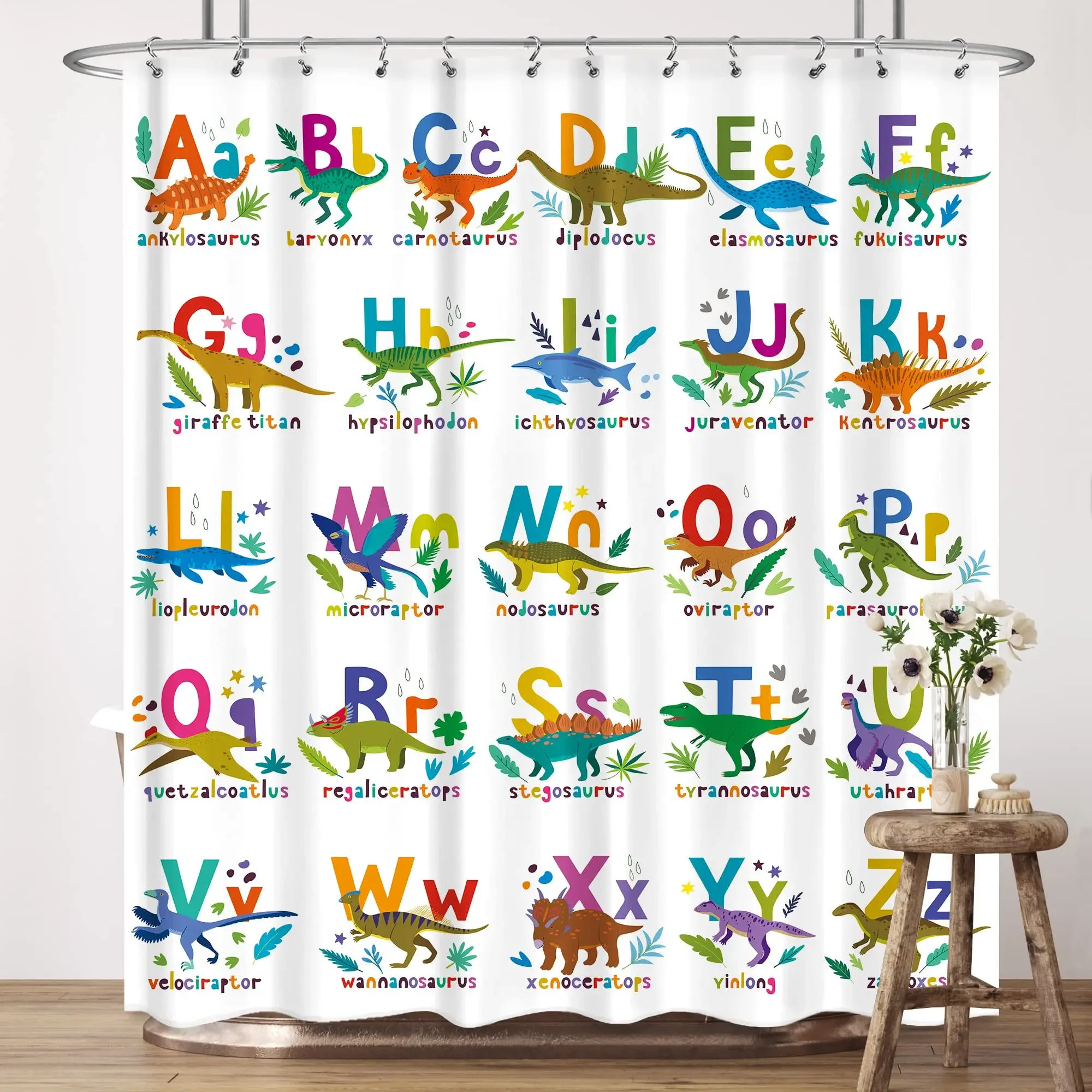 Alphabet Shower Curtain ABC Educational Learning Tool Large A To Z Washable Durable Polyester Fabric Bathroom Set Decor,Hooks