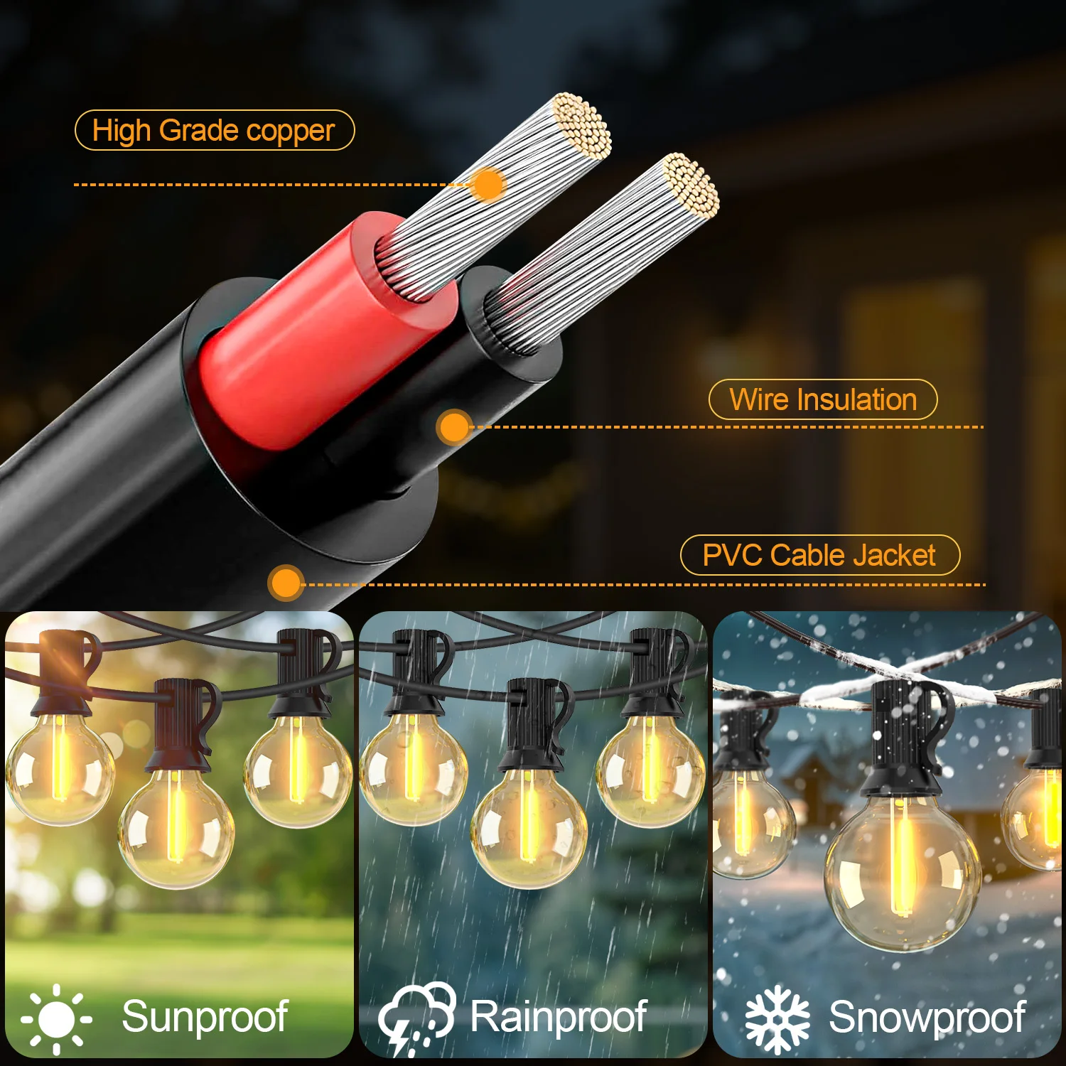 Plástico Connectable LED String Light, Shatterproof, impermeável, Fairy Lights, guirlanda, jardim, decoração do casamento, E12, G40, ST38, IP44